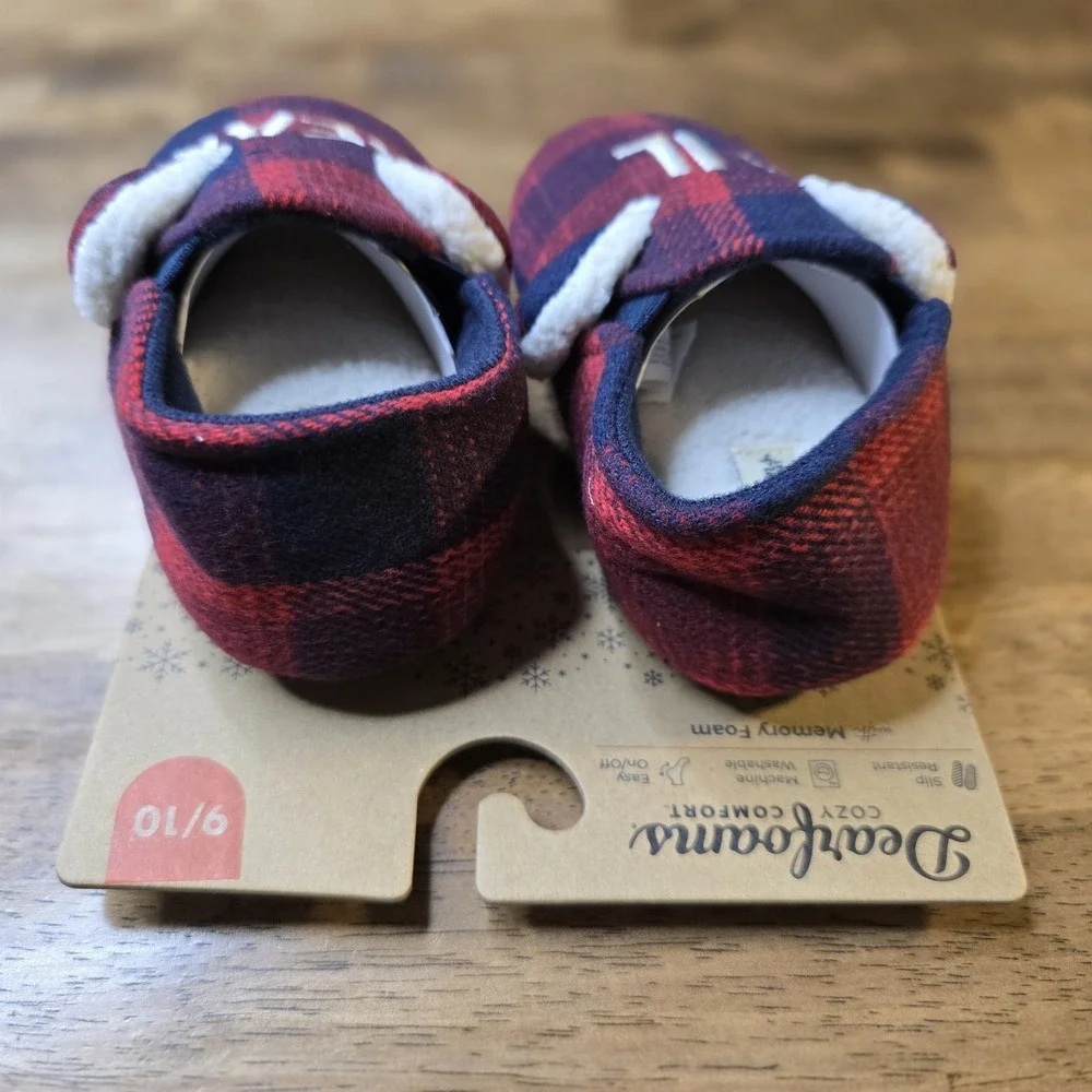 Dearfoams Lil Bear Slippers Kids Size 9/10 Red Blue Buffalo Plaid NWT